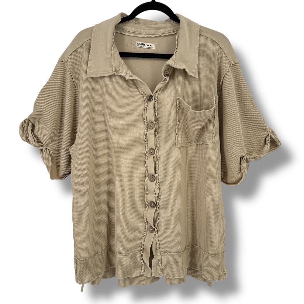 We The Free People Oversize Thermal Button Front Top Women's Sz X-Small Beige